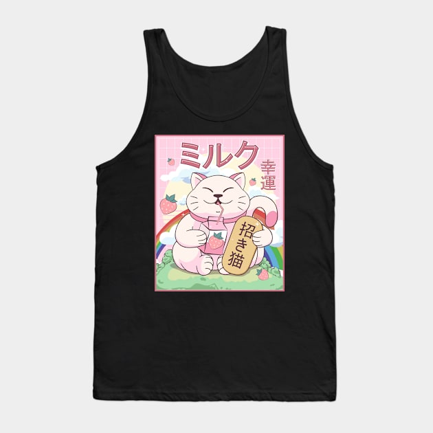 Kawaii Maneki Neko Cat Strawberry Milk Japanese Aesthetic Gift Tank Top by Alex21